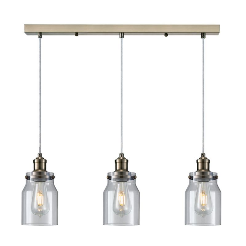 Cork Lighting-PF4837/3AB - Apolo - Clear Glass & Antique Brass 3 Light over Island Fitting