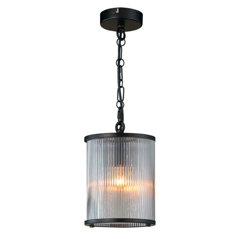 Cork Lighting-PF5018/1BL - Carter - Matt Black Pendant with Ribbed Glass