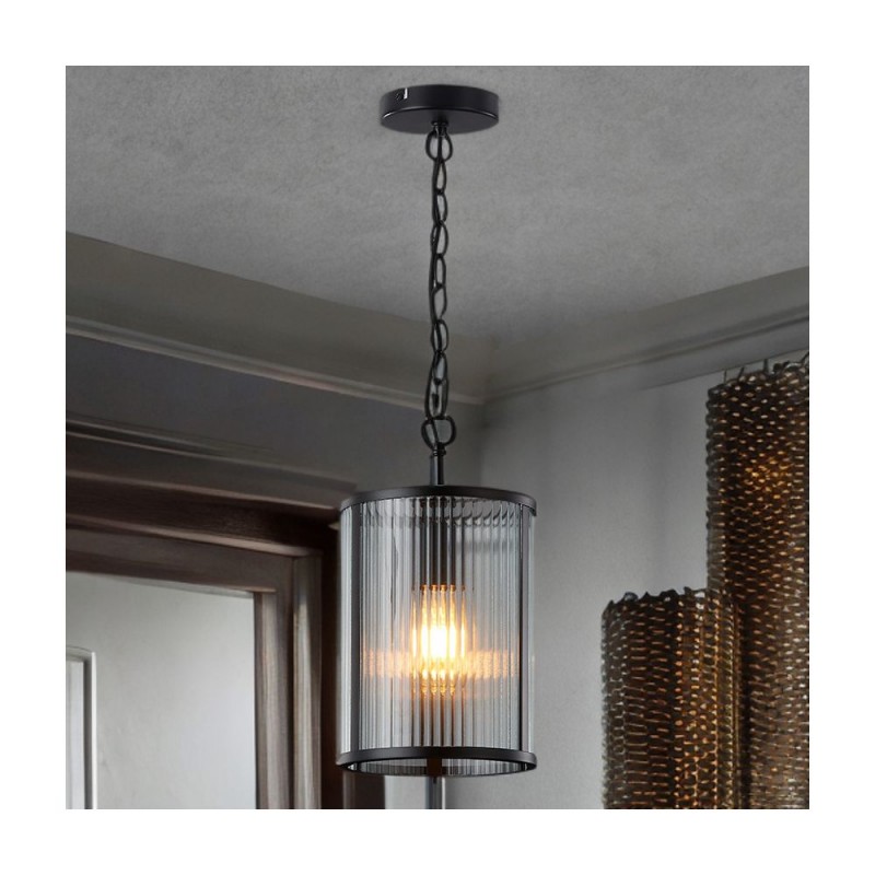 Cork Lighting-PF5018/1LBL - Carter - Matt Black Pendant with Ribbed Glass