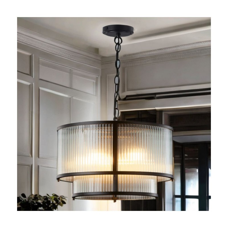 Cork Lighting-PF5018/4LBL - Carter - Matt Black 4 Light Centre Fitting with Ribbed Glass