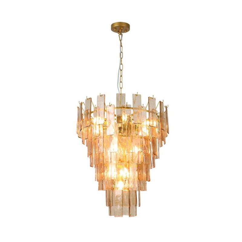 Cork Lighting-PF5270/13BRN - Cascade - Satin Brass 13 Light Chandelier with Brown Glass Style