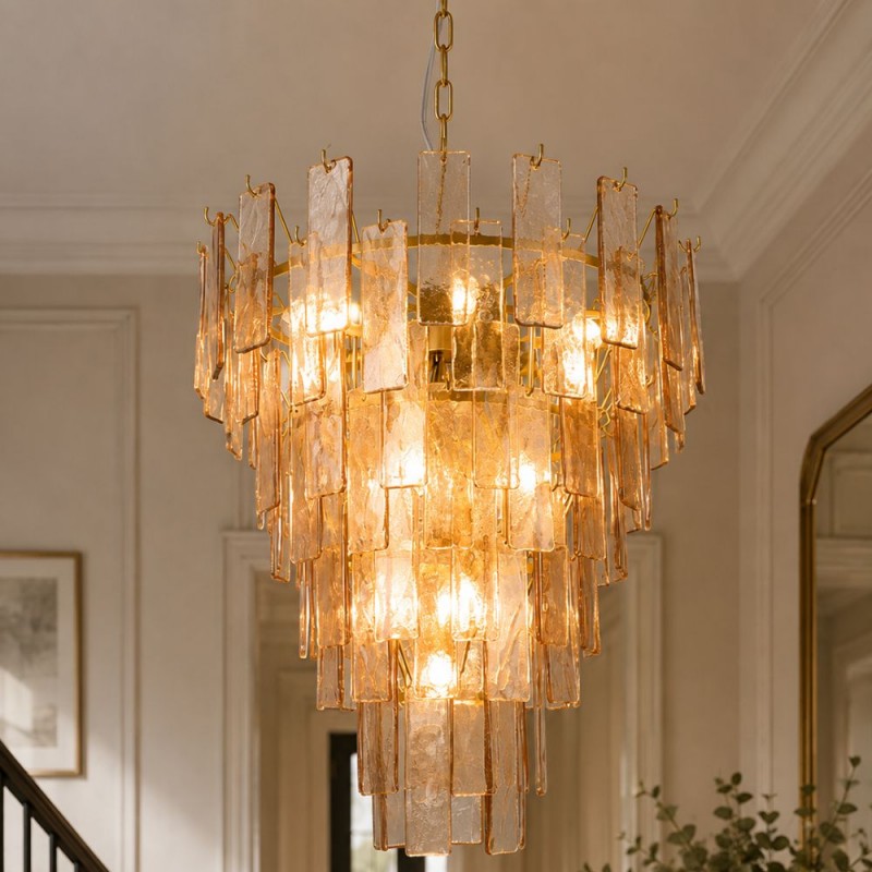 Cork Lighting-PF5270/13BRN - Cascade - Satin Brass 13 Light Chandelier with Brown Glass Style