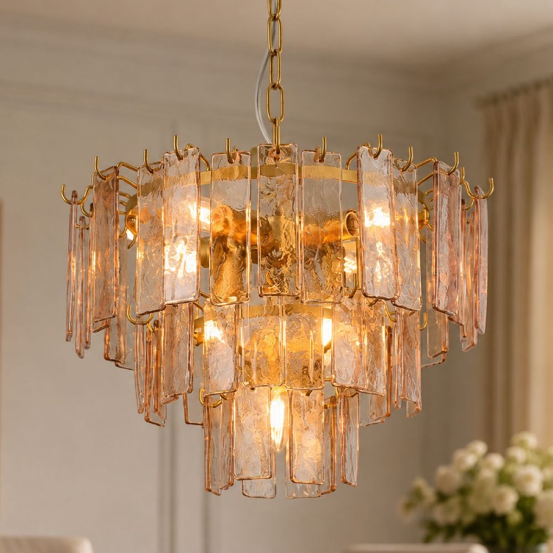 Cork Lighting-PF5270/7BRN - Cascade - Satin Brass 7 Light Chandelier with Brown Glass Style