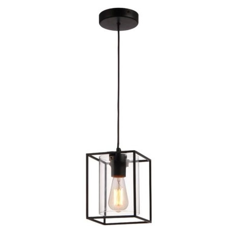 Ceiling Lights - Tower Square - Black Metal Cage with Glass Single Pendant Cork Lighting-PF8431/1BL - Tower Square - Black Metal Cage with Glass Single Pendant