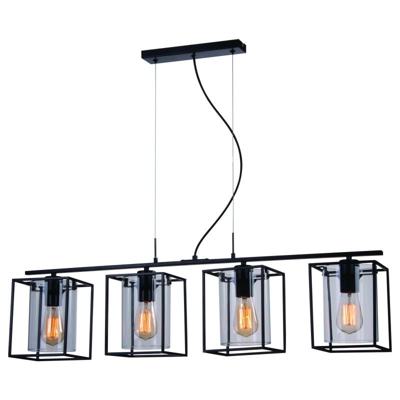 Kitchen Lights - Tower Square - Black Metal Cage with Glass 4 Light Over Island Fitting Cork-Lighting-PF8431/4BL - Tower Square - Black Metal Cage with Glass 4 Light Over Island Fitting