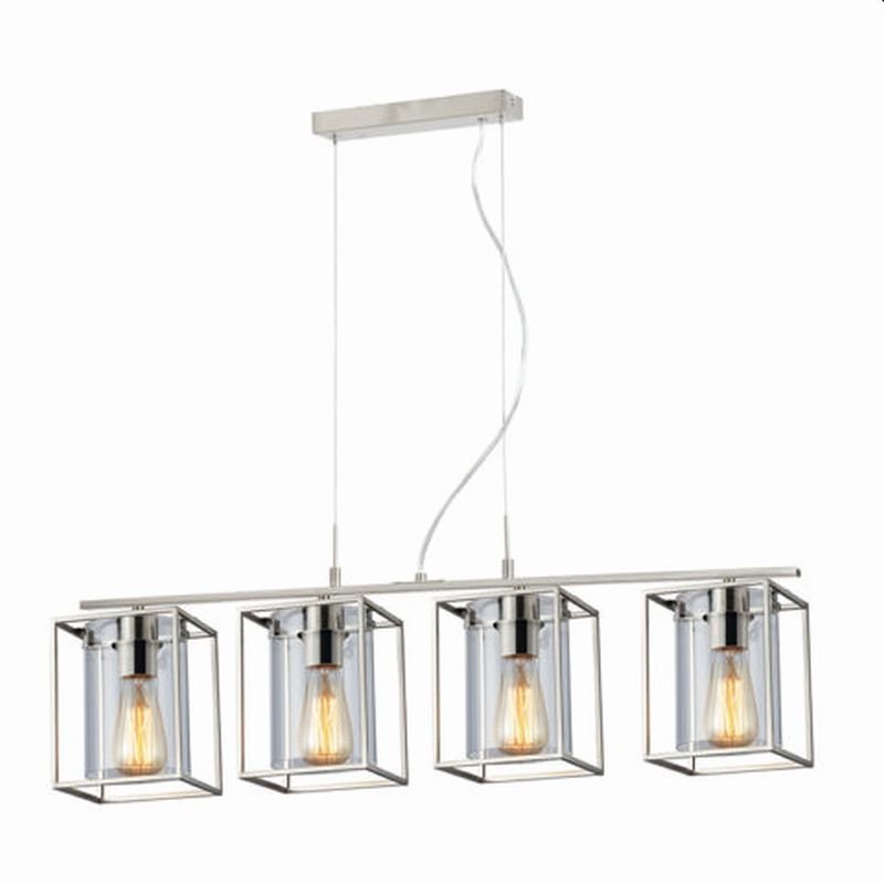 Cork Lighting-PF8431/4SN - Tower Square - Satin Nickel Cage with Glass 4 Light Over Island Fitting