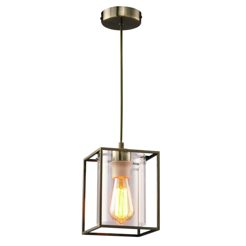 Ceiling Lights - Tower Square - Antique Brass Metal Cage with Glass Single Pendant Cork Lighting-PF8431/1ANT - Tower Square - Antique Brass Metal Cage with Glass Single Pendant