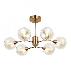 Morley - Matt Brass 6 Light Semi Flush with Amber Glasses