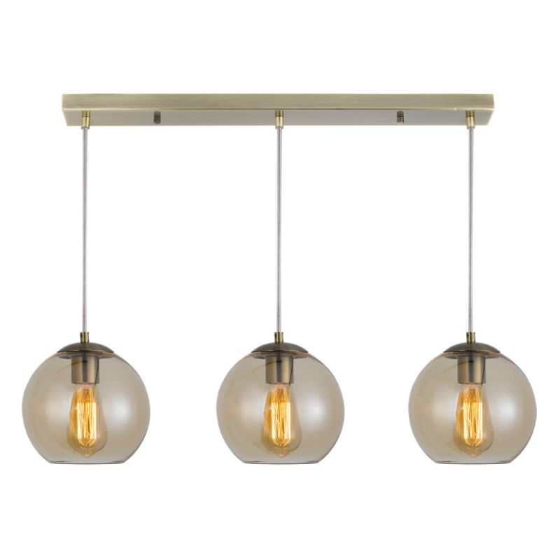 Cork Lighting-PFGLOBE200/3AMB - Globe - Antique Brass 3 Light over Island Fitting with Amber Glass