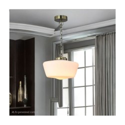 School House - Antique Brass Pendant with White Glass IP44