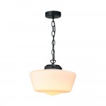 School House - Matt Black Pendant with White Glass IP44
