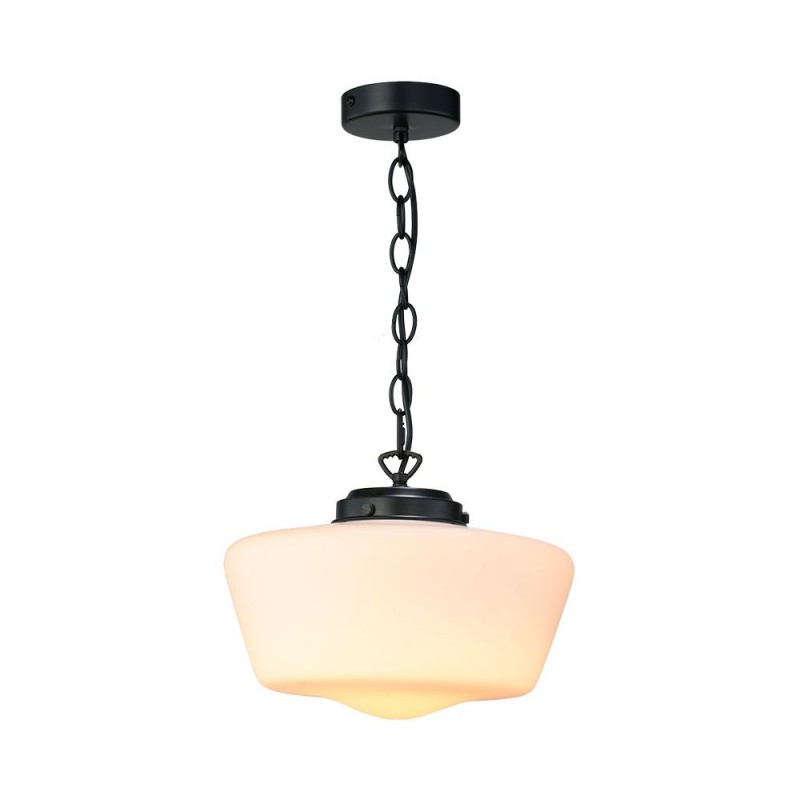 Cork Lighting-PFSCHGL/BL - School House - Matt Black Pendant with White Glass IP44