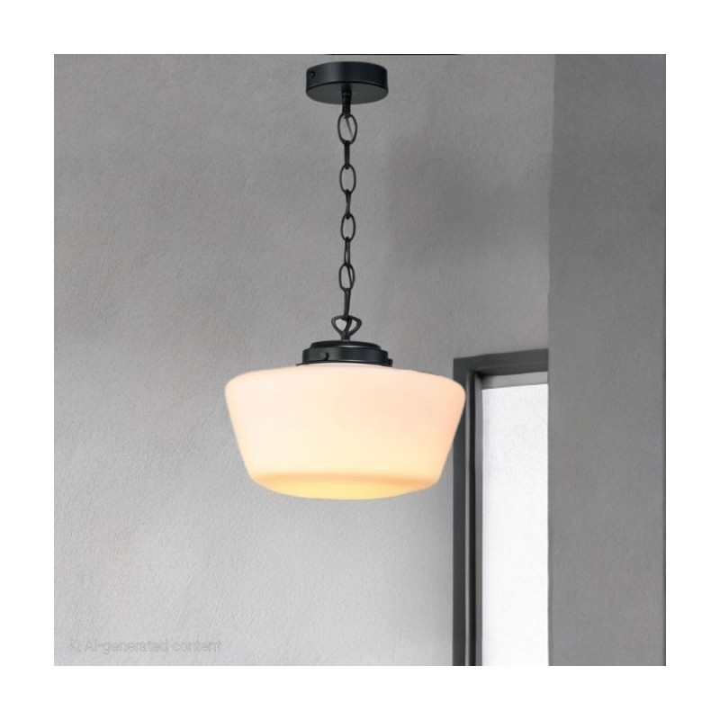 Cork Lighting-PFSCHGL/BL - School House - Matt Black Pendant with White Glass IP44