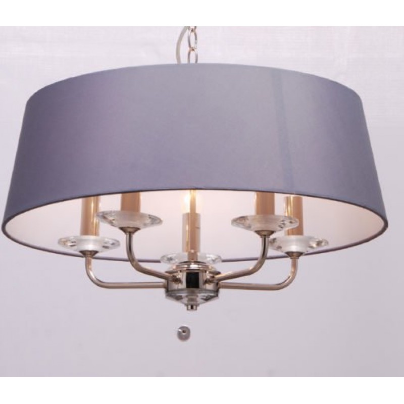 Ceiling Lights - Stylo - Grey Shade & Nickel with Crystal 5 Light Pendant Cork-Lighting-PFSTYLO/5NK - Stylo - Grey Shade & Nickel with Crystal 5 Light Pendant