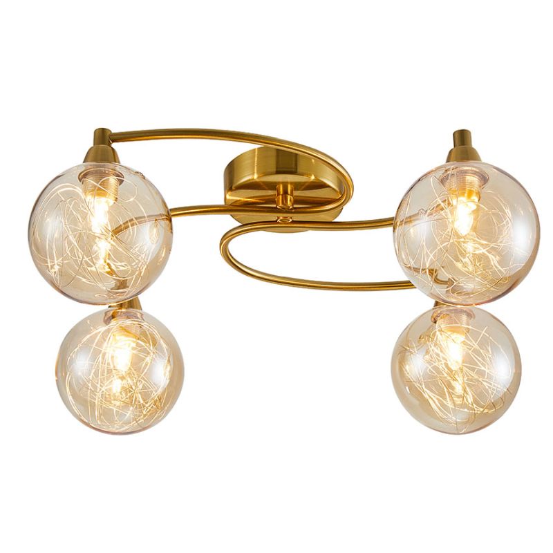 Cork Lighting-SF14195/4SB - Basson - Satin Brass 4 Light Flush with Brass Wire & Amber Glass