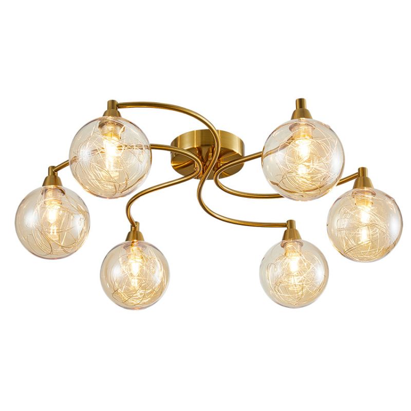 Cork Lighting-SF14195/6SB - Basson - Satin Brass 6 Light Flush with Brass Wire & Amber Glass