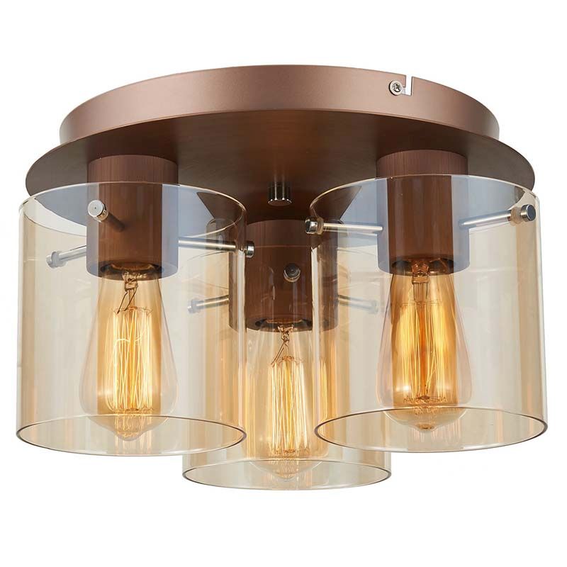 Cork Lighting-SF1607/3AMB - Vintage - Copper 3 Light Flush with Amber Glass