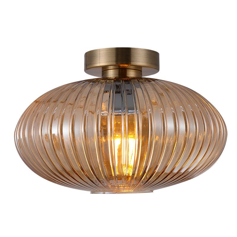 Cork Lighting-SF2023/1AM - Skytech - Ribbed Amber Glass & Antique Brass Semi Flush