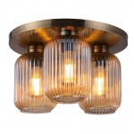 Skytech - Antique Brass 3 Light Semi Flush with Ribbed Amber Glasses Skytech - Antique Brass 3 Light Semi Flush with Ribbed Amber Glasses