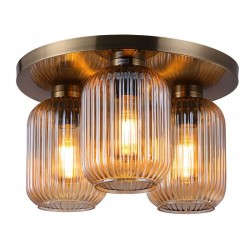Skytech - Antique Brass 3 Light Semi Flush with Ribbed Amber Glasses