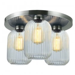 Skytech - Satin Nickel 3 Light Semi Flush with Ribbed Clear Glasses Skytech - Satin Nickel 3 Light Semi Flush with Ribbed Clear Glasses