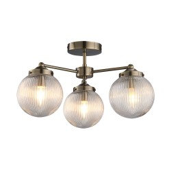 Aura - Antique Brass 3 Light Semi Flush with Clear Ribbed Glass IP44