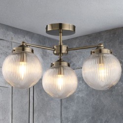 Aura - Antique Brass 3 Light Semi Flush with Clear Ribbed Glass IP44