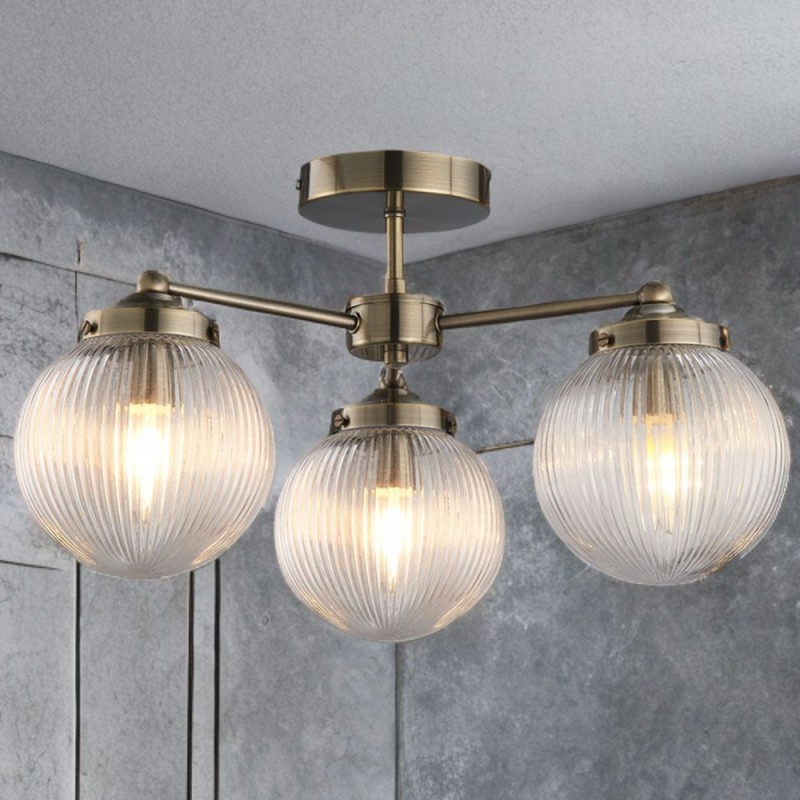 Cork Lighting-SF3075/3AB - Aura - Antique Brass 3 Light Semi Flush with Clear Ribbed Glass IP44