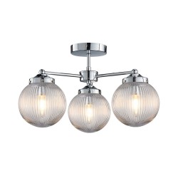 Aura - Polished Chrome 3 Light Semi Flush with Clear Ribbed Glass IP44