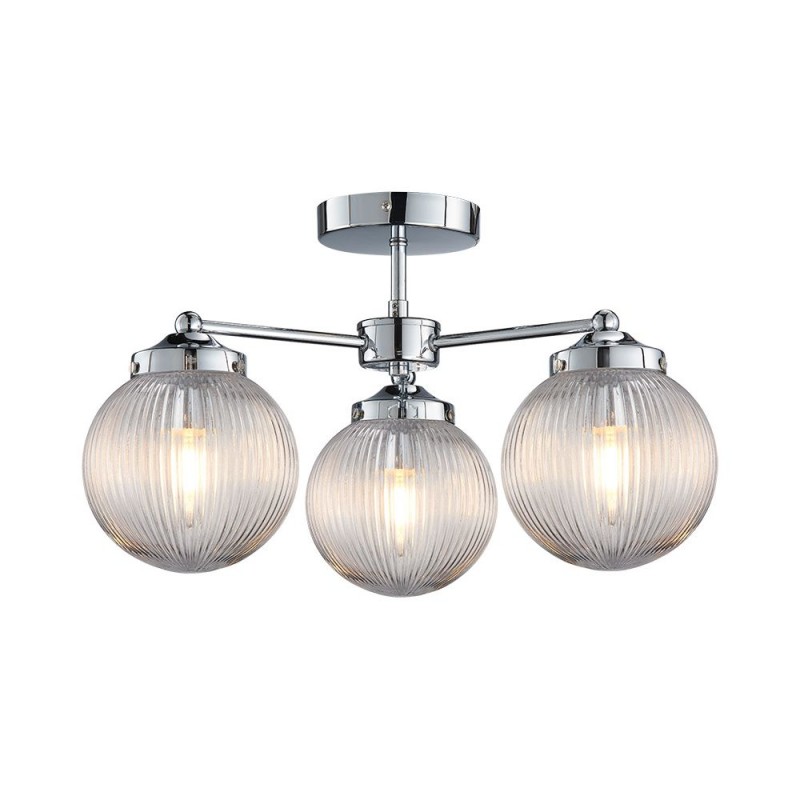 Cork Lighting-SF3075/3CR - Aura - Polished Chrome 3 Light Semi Flush with Clear Ribbed Glass IP44