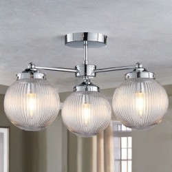 Aura - Polished Chrome 3 Light Semi Flush with Clear Ribbed Glass IP44