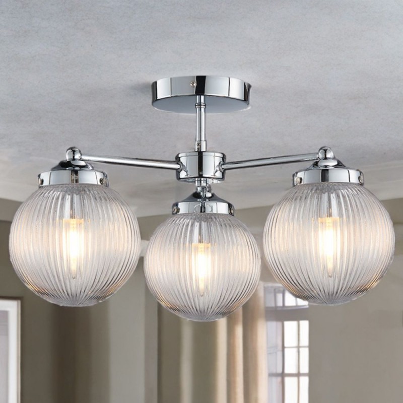Cork Lighting-SF3075/3CR - Aura - Polished Chrome 3 Light Semi Flush with Clear Ribbed Glass IP44