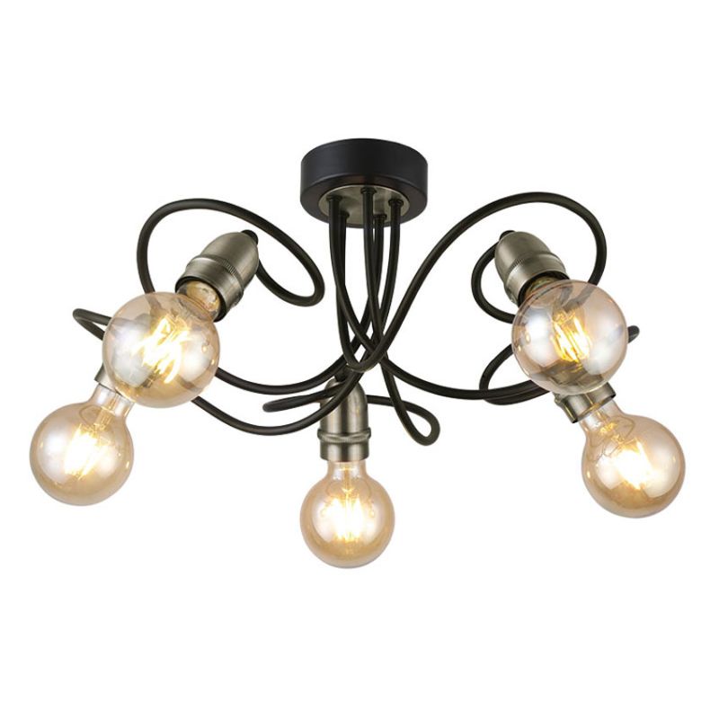 Cork Lighting-SF8390/5BL+AB - Trias - Black & Antique Brass 5 Light Semi Flush