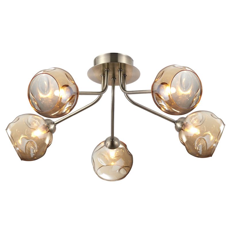 Cork Lighting-SF9015/5AB - Rosie - Antique Brass 5 Light Flush with Amber Dimpled Glass