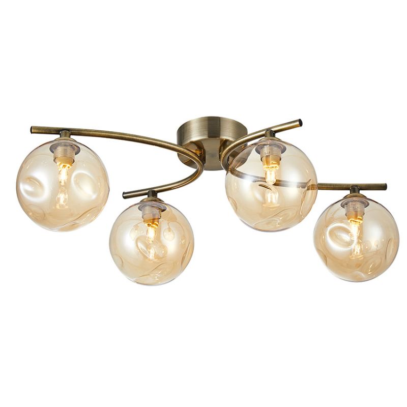 Cork Lighting-SF9455/4AB - Blarney - Antique Brass 4 Light Flush with Amber Dimpled Glass