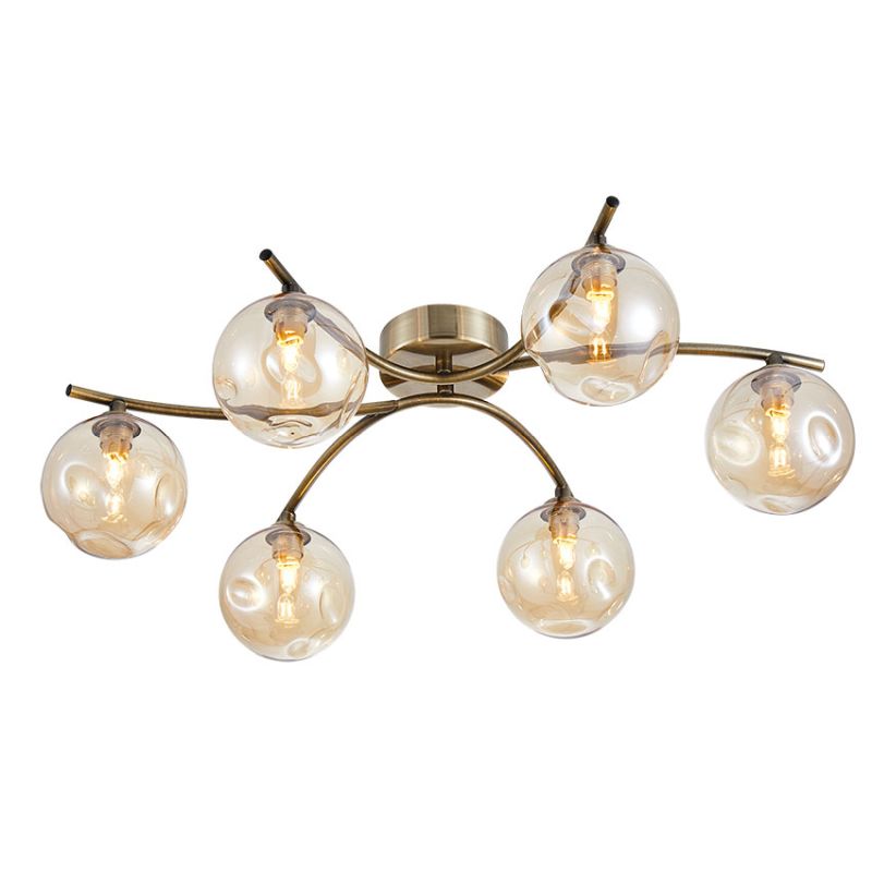 Cork Lighting-SF9455/6AB - Blarney - Antique Brass 6 Light Flush with Amber Dimpled Glass