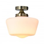 School House - Antique Brass Semi Flush with White Glass IP44