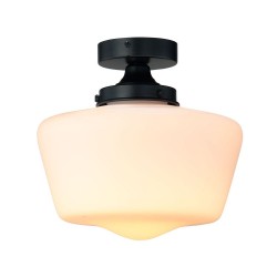 School House - Matt Black Semi Flush with White Glass IP44