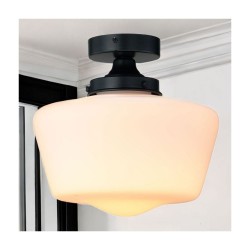 School House - Matt Black Semi Flush with White Glass IP44