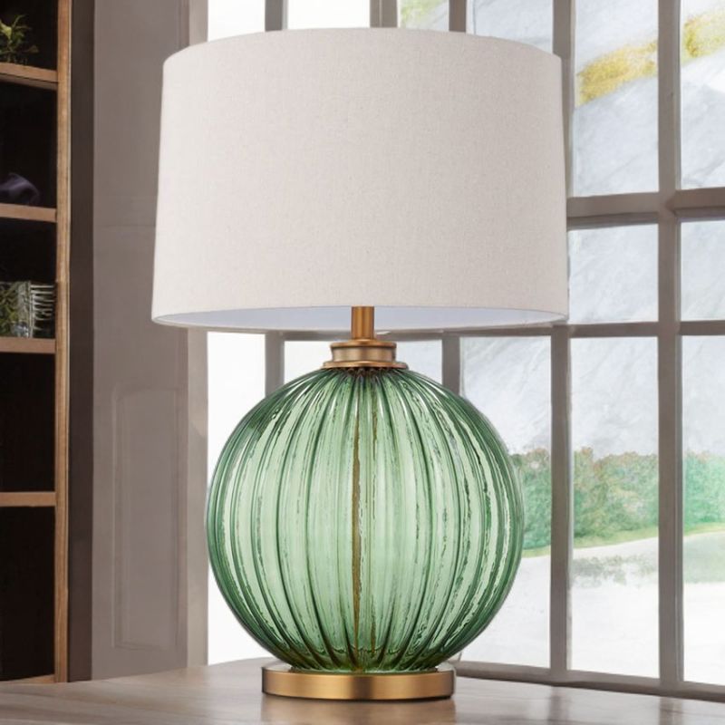 Cork Lighting-TL89521 - Luca - Green Ribbed Glass Table Lamp with Oatmeal Shade