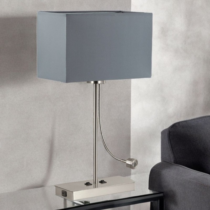Cork Lighting-TL949USBLED/SN - Maya - Satin Nickel Reading Table Lamp with Grey Shade