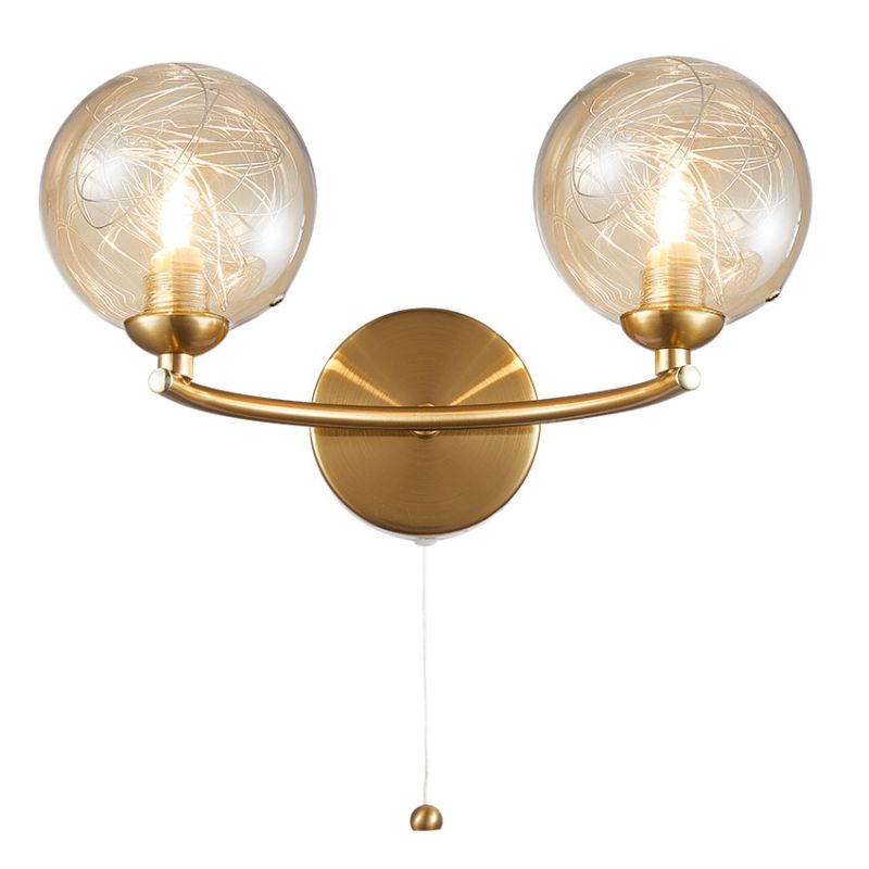 Cork Lighting-WB14195/2SB - Basson - Satin Brass 2 Light Wall Lamp with Brass Wire & Amber Glass