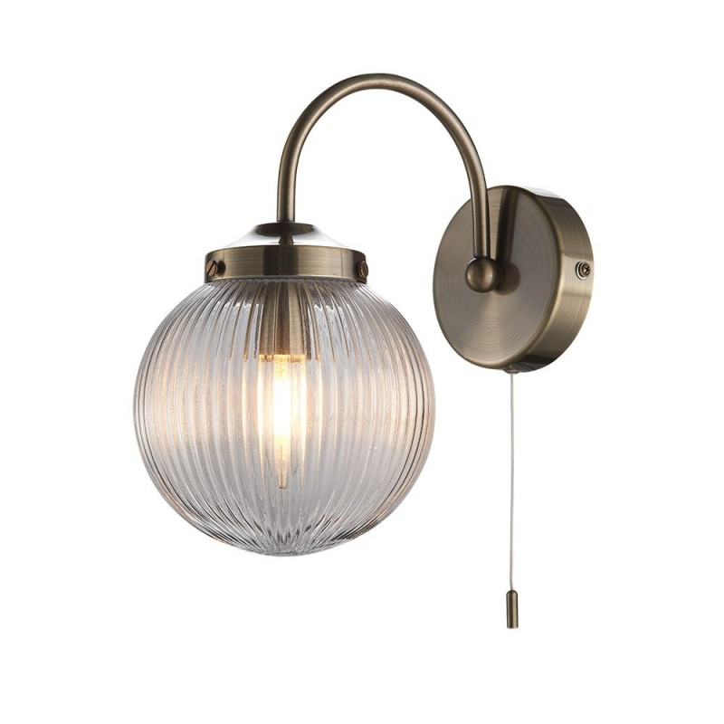 Cork Lighting-WB3075/1AB - Aura - Antique Brass Wall Lamp with Clear Ribbed Glass IP44