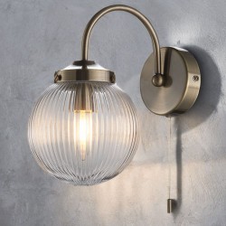 Aura - Antique Brass Wall Lamp with Clear Ribbed Glass IP44