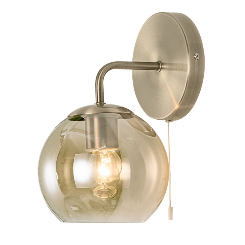 Cork Lighting-WBGLOBE/1AMB - Globe - Antique Brass Wall Lamp with Amber Glass