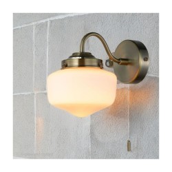 School House - Antique Brass Wall Lamp with White Glass IP44