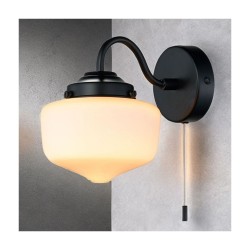 School House - Matt Black Wall Lamp with White Glass IP44