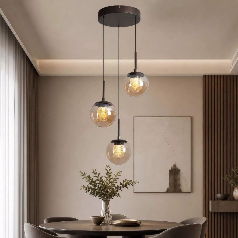 Searchlight-10321-3BZ - Solis - Bronze 3 Light LED Cluster Pendant with Amber Glass & Crystal