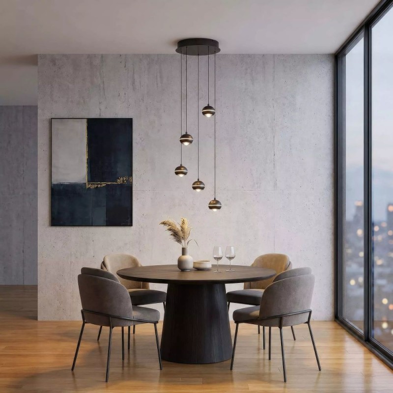 Searchlight-12013-5NI - Meteor - Black Nickel CCT Cluster Pendant with Clear Diffuser