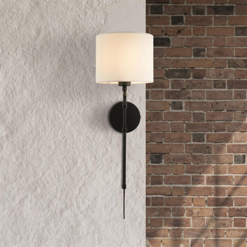 Searchlight-12081-1BK - Munich - Black Wall Lamp with Natural Linen Shade